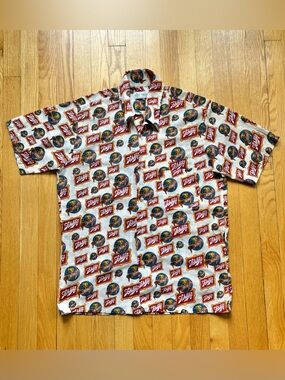 Vintage Schlitz Beer All Over Print Permanent Press Mens Short Sleeve Button Med